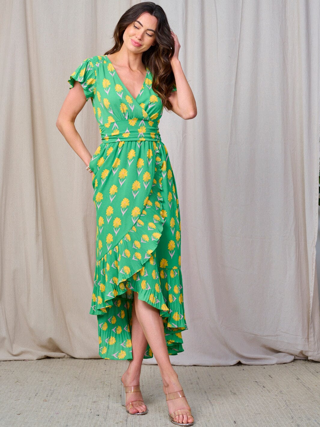 WOMEN'S SHORT SLEEVE SMOCK WAIST SURPLICE RUFFLE MAXI DRESS