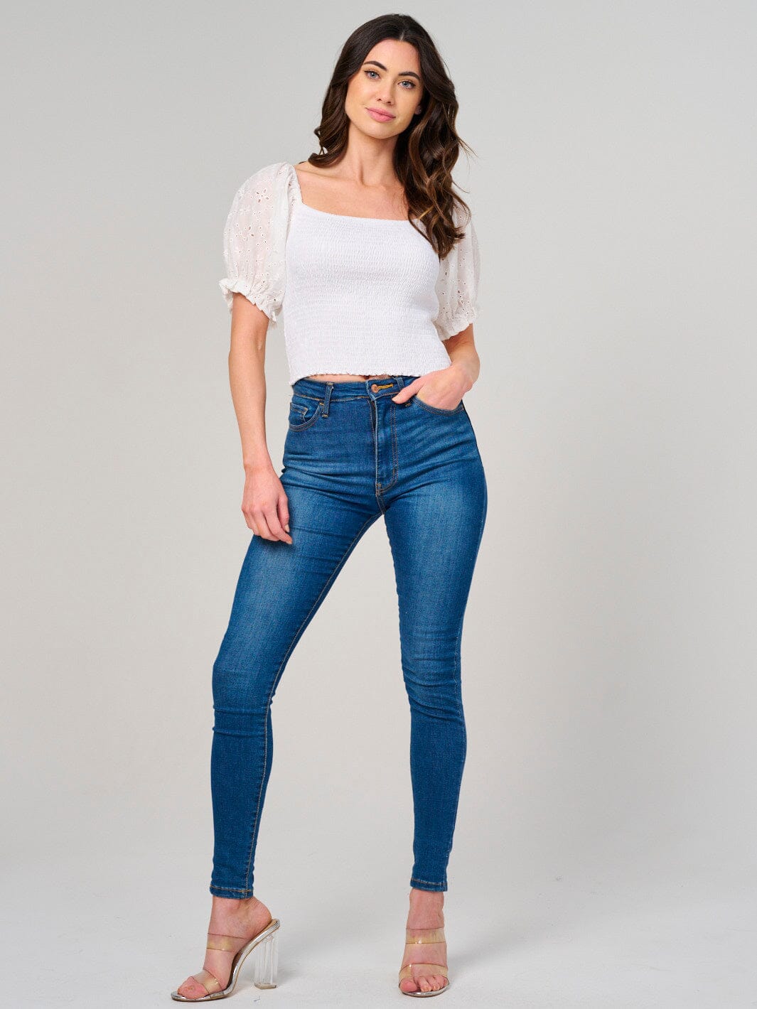 WOMEN'S SHORT EYELET SLEEVE SMOCK TOP