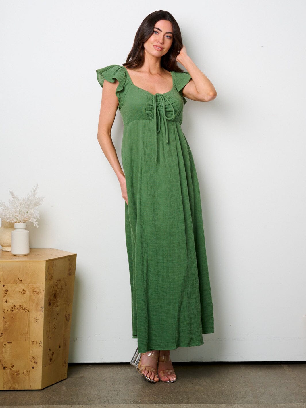 WOMEN'S SHORT RUFFLE SLEEVE SMOCK MAXI DRESS