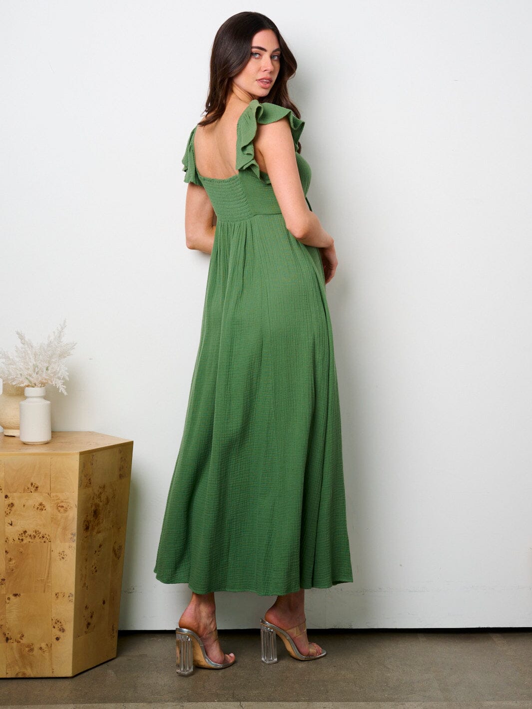 WOMEN'S SHORT RUFFLE SLEEVE SMOCK MAXI DRESS
