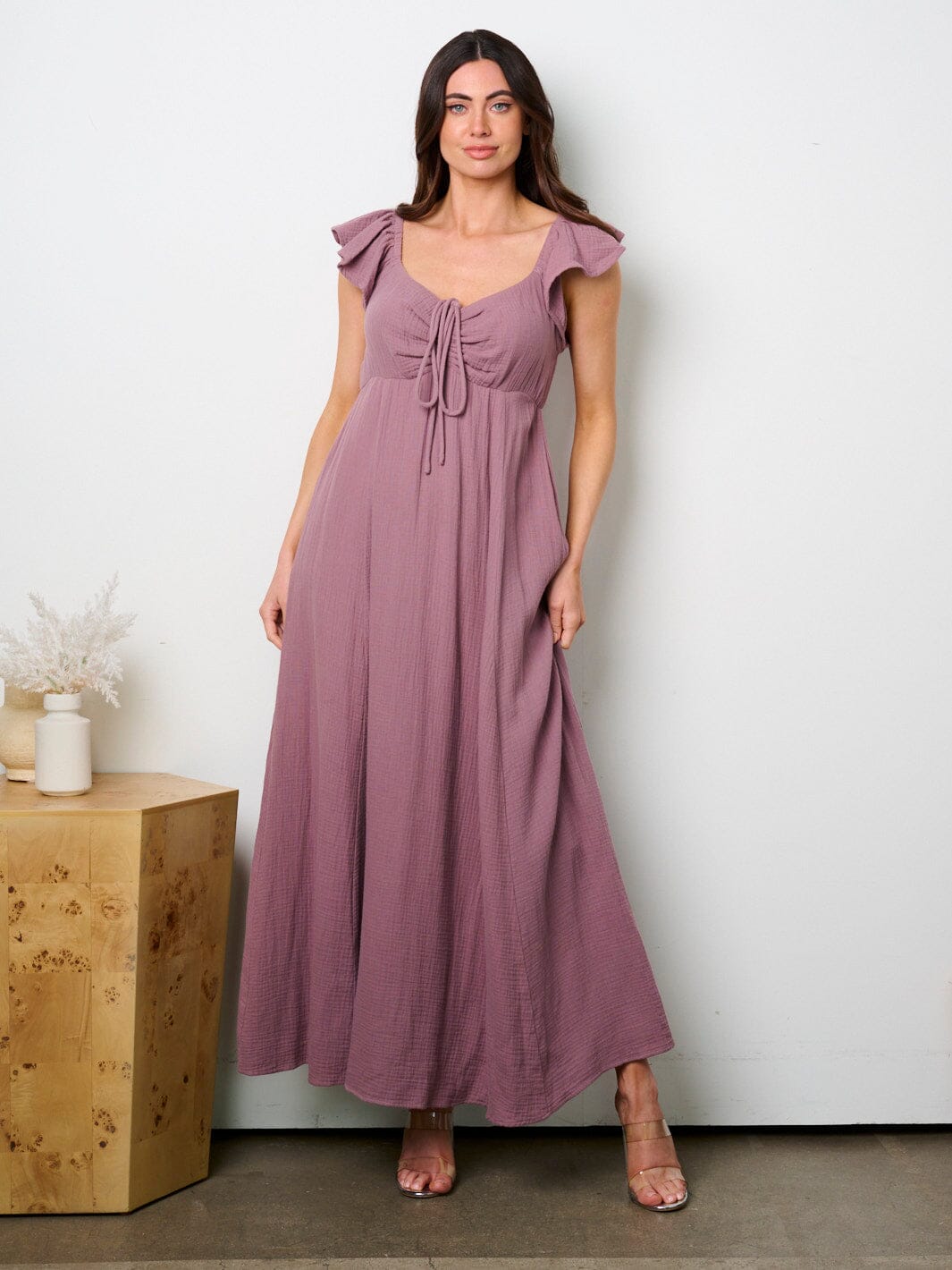 WOMEN'S SHORT RUFFLE SLEEVE SMOCK MAXI DRESS