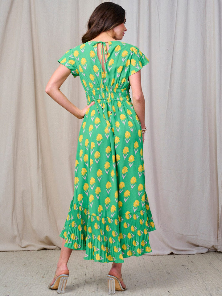 WOMEN'S SHORT SLEEVE SMOCK WAIST SURPLICE RUFFLE MAXI DRESS