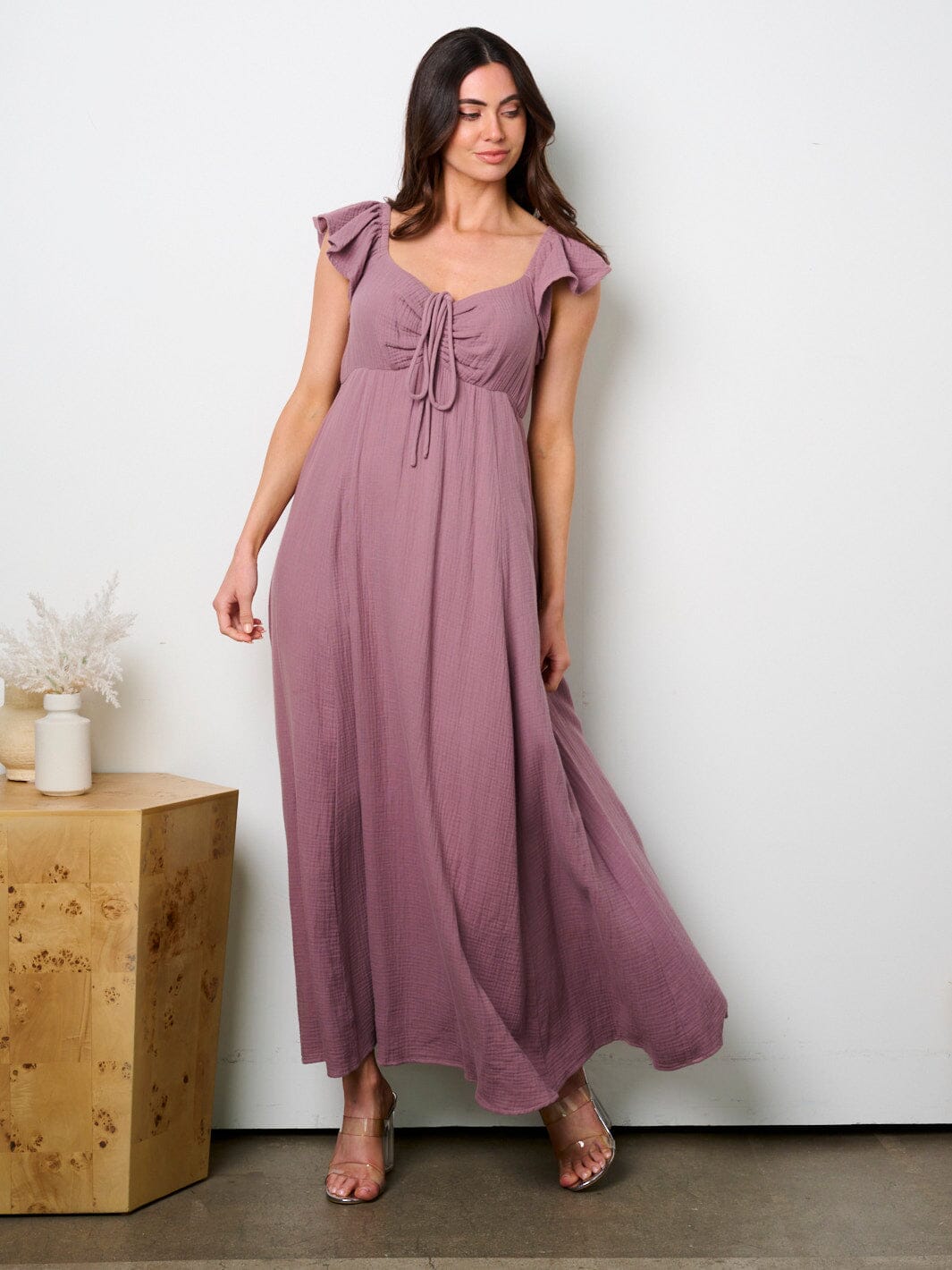WOMEN'S SHORT RUFFLE SLEEVE SMOCK MAXI DRESS