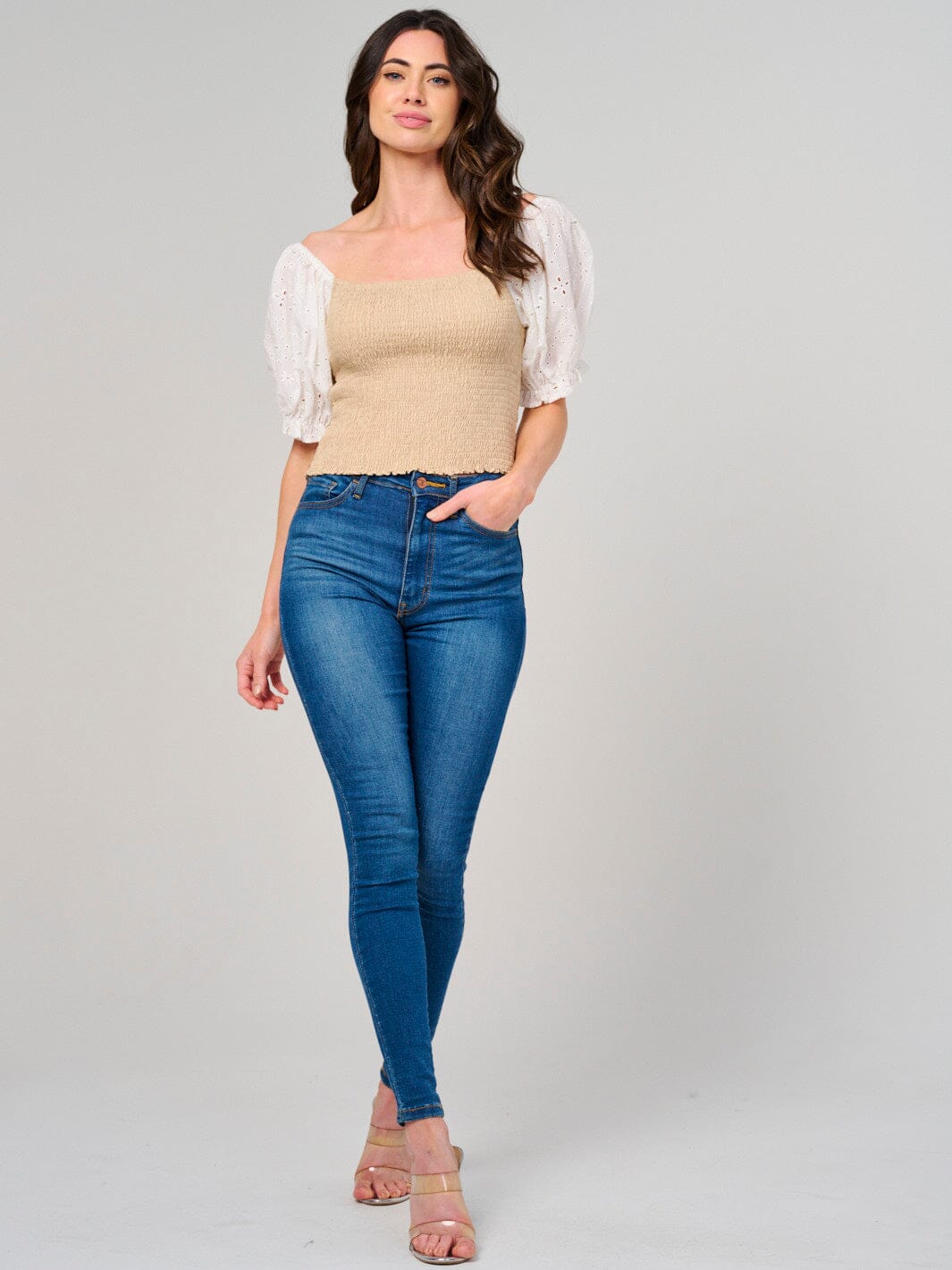 WOMEN'S SHORT EYELET SLEEVE SMOCK TOP