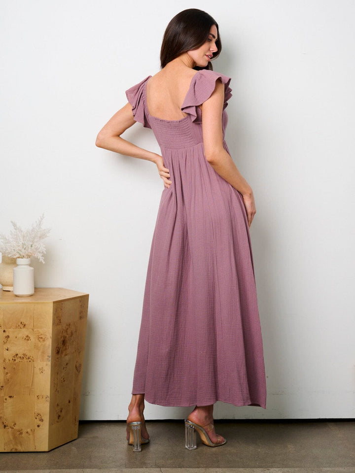 WOMEN'S SHORT RUFFLE SLEEVE SMOCK MAXI DRESS