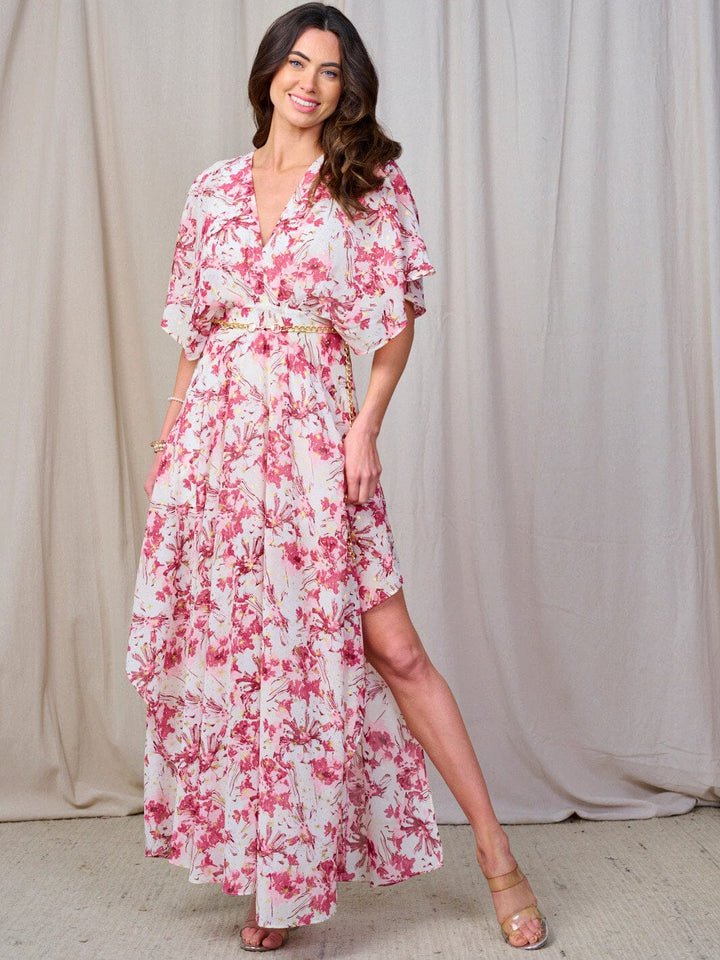 WOMEN'S SHORT SLEEVE V-NECK BELTED FLORAL MAXI DRESS