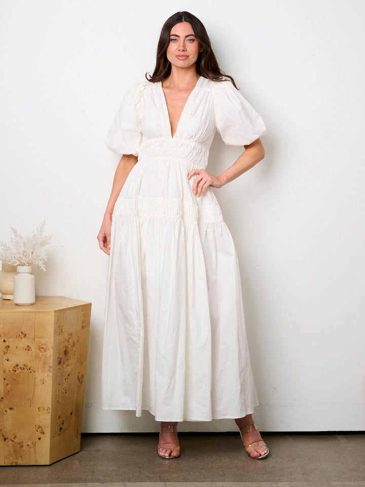 WOMEN'S SHORT PUFF SLEEVE V-NECK TIERED MAXI DRESS