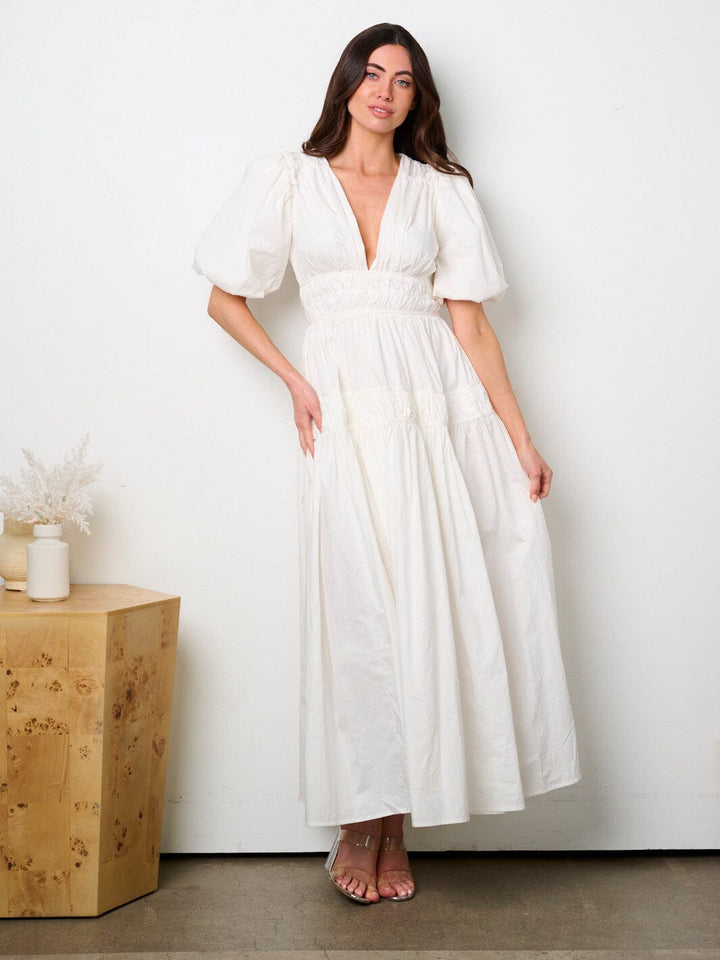 WOMEN'S SHORT PUFF SLEEVE V-NECK TIERED MAXI DRESS