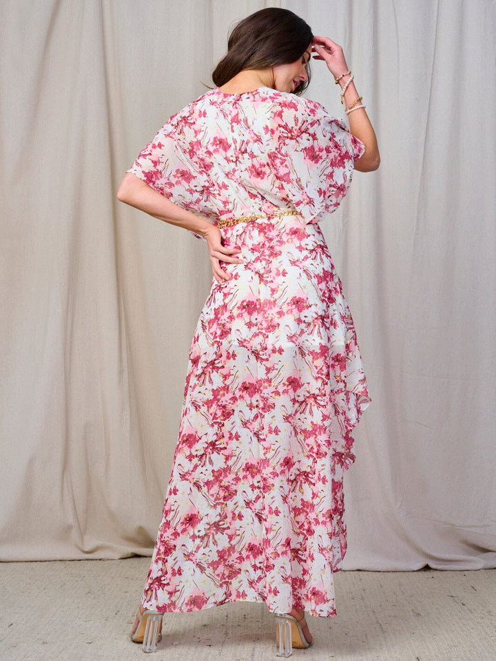 WOMEN'S SHORT SLEEVE V-NECK BELTED FLORAL MAXI DRESS