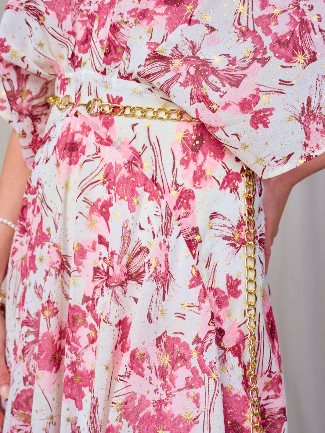 WOMEN'S SHORT SLEEVE V-NECK BELTED FLORAL MAXI DRESS