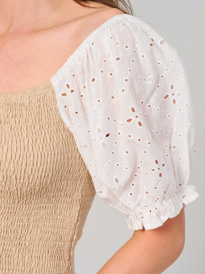 WOMEN'S SHORT EYELET SLEEVE SMOCK TOP