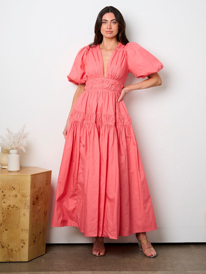 WOMEN'S SHORT PUFF SLEEVE V-NECK TIERED MAXI DRESS