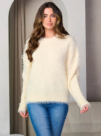 WOMEN'S LONG SLEEVE FUZZY DETAILED PULLOVER SWEATER