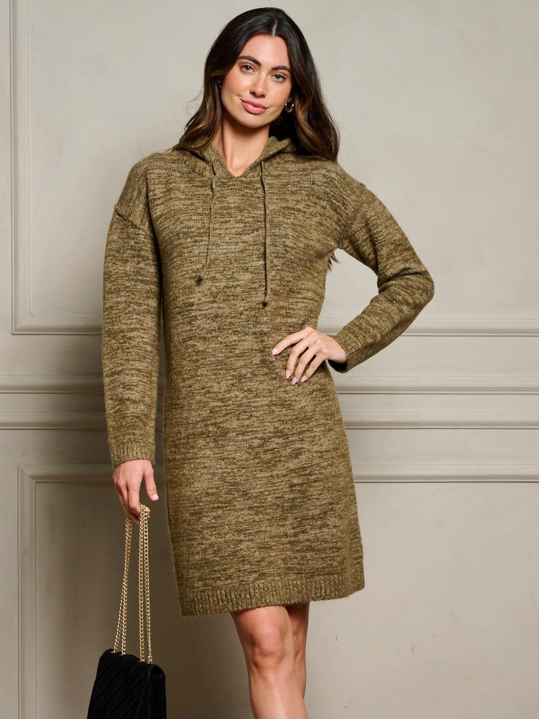 WOMEN'S LONG SLEEVE V-NECK HOODED SWEATER MINI DRESS