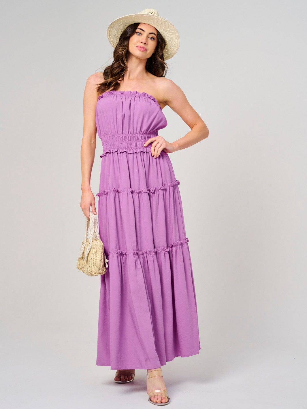 WOMEN'S SLEEVELESS SMOCK WAIST TIERED MAXI DRESS