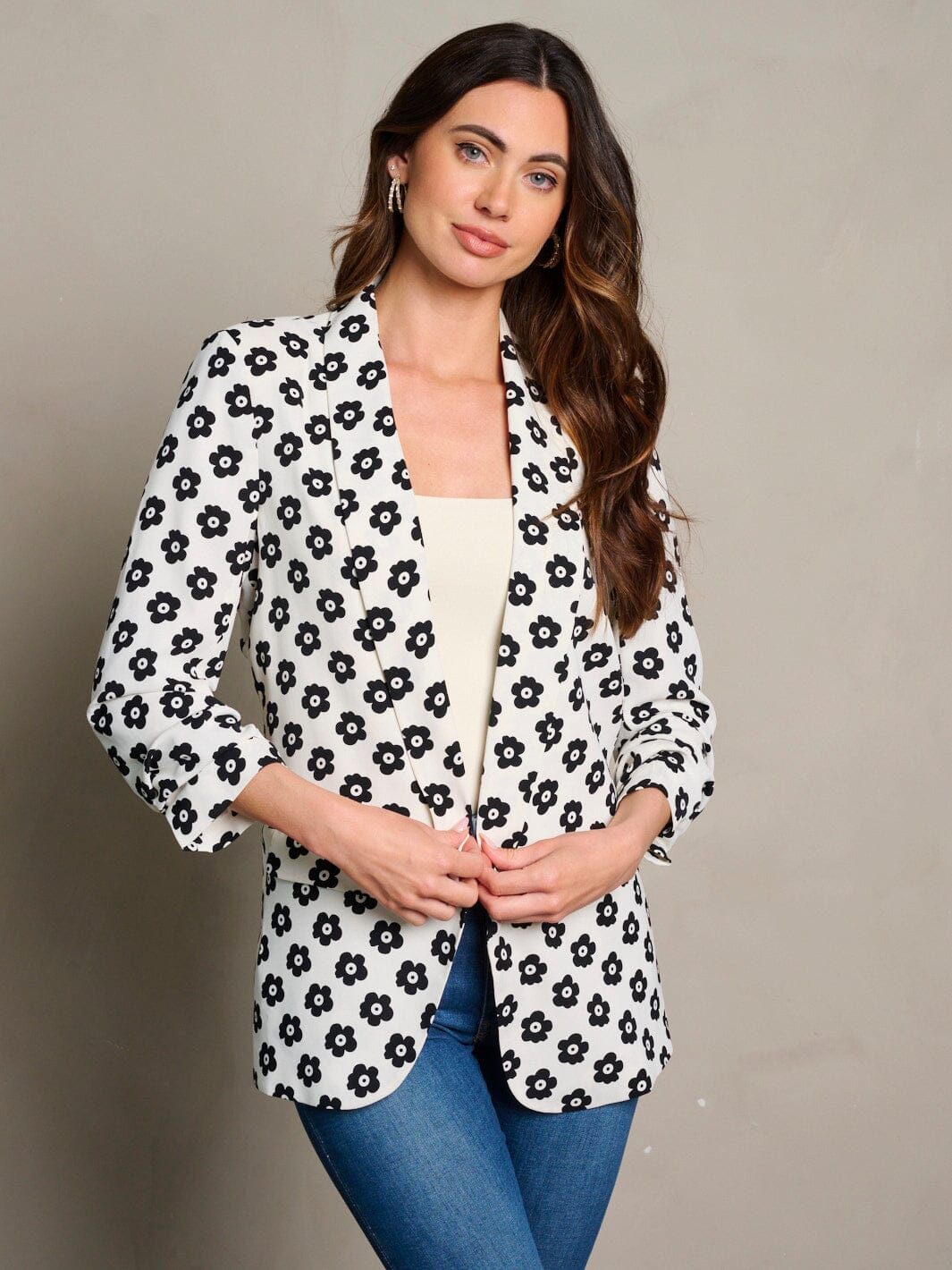 WOMEN'S 3/4 RUCHED SLEEVES OPEN FRONT FLORAL PRINT BLAZER