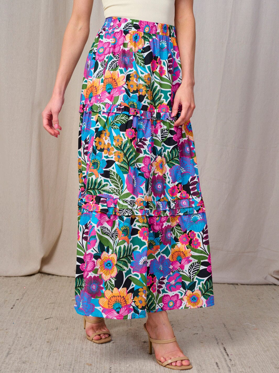 WOMEN'S ELASTIC WAIST FRONT POCKETS TIERED FLORAL MAXI SKIRT