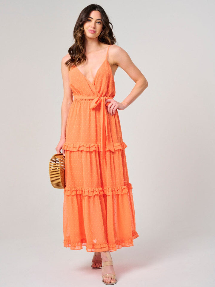 WOMEN'S SLEEVELESS SURPLICE SWISS DOT TIERED MAXI DRESS