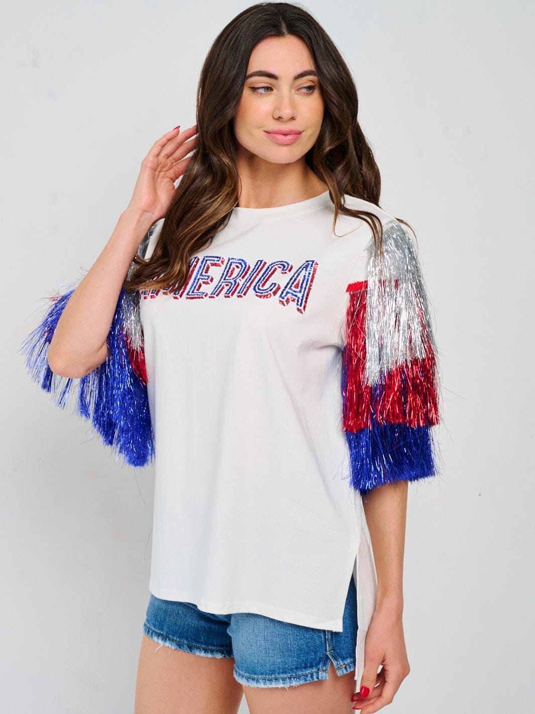 WOMEN'S SHORT FRINGE SLEEVE HIGH-LOW PATRIOTIC SHIRT