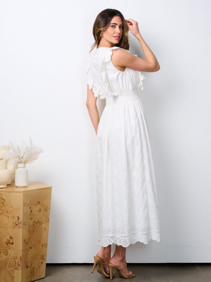 WOMEN'S SLEEVELESS V-NECK RUFFLE SMOCK WAIST EYELET MAXI DRESS