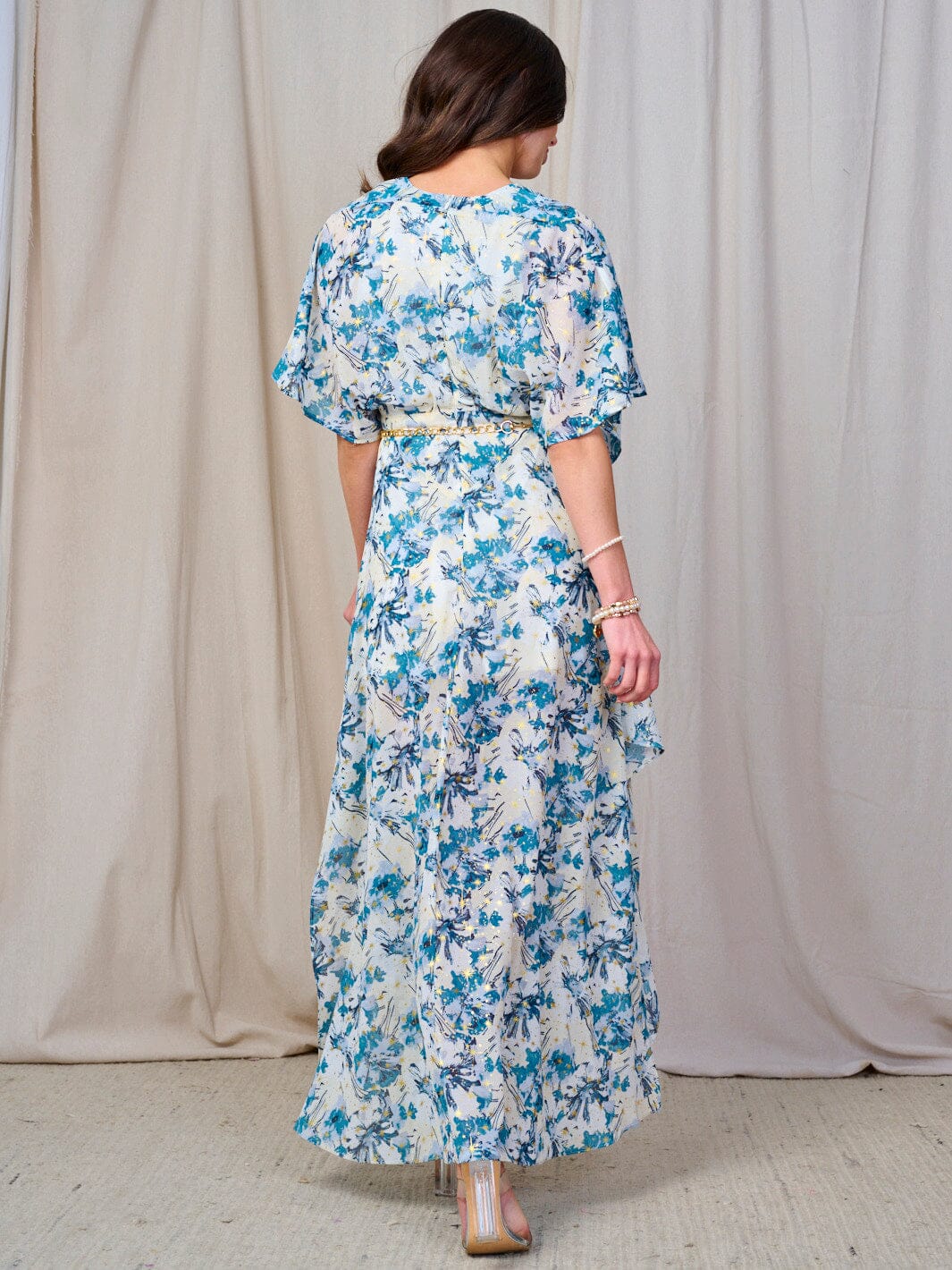 WOMEN'S SHORT SLEEVE V-NECK BELTED FLORAL MAXI DRESS