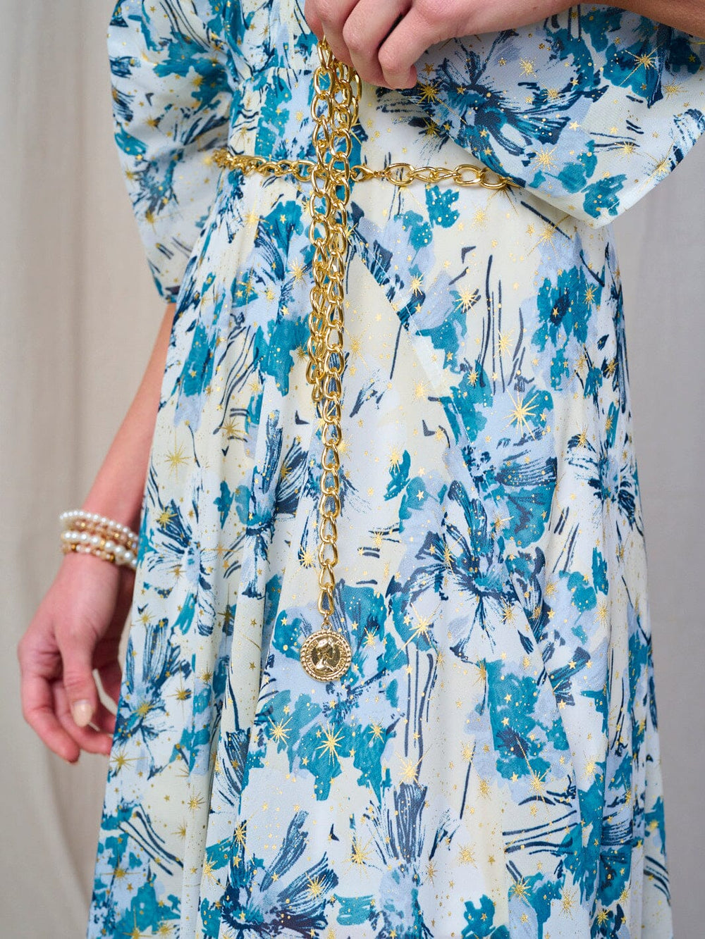 WOMEN'S SHORT SLEEVE V-NECK BELTED FLORAL MAXI DRESS