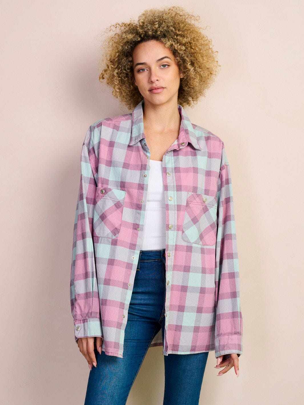 WOMEN'S LONG SLEEVE BUTTON UP OVERSIZED CHECKERS BLOUSE TOP