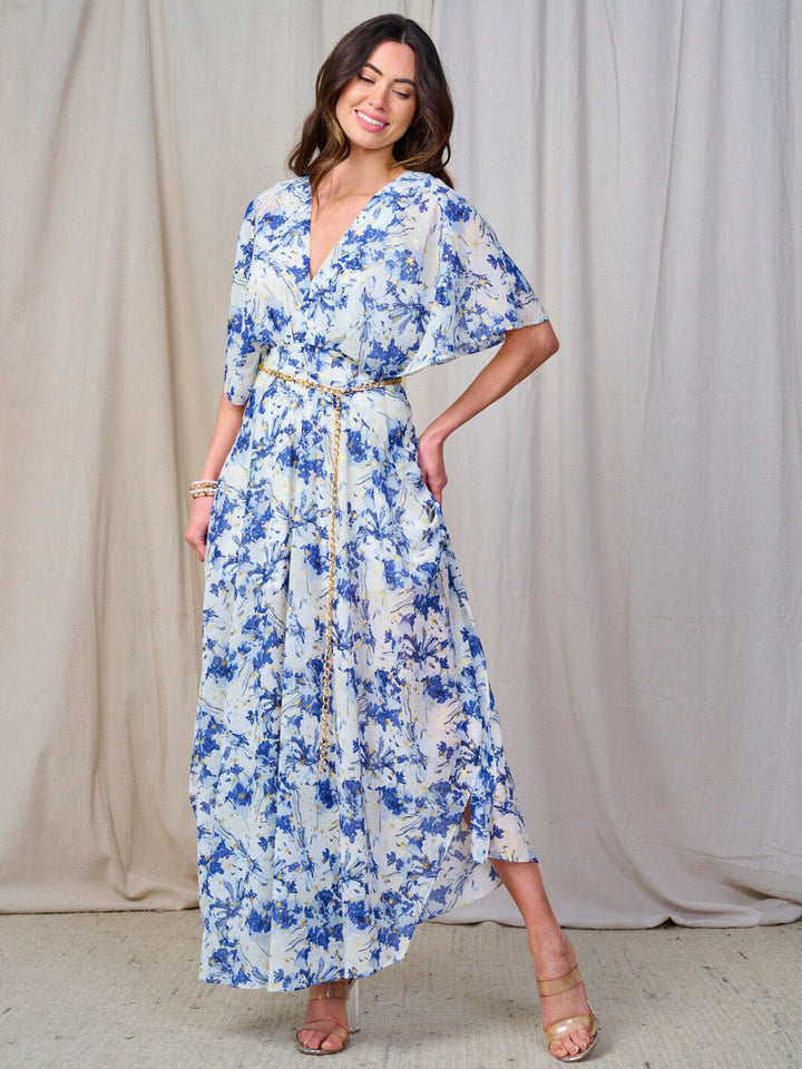 WOMEN'S SHORT SLEEVE V-NECK BELTED FLORAL MAXI DRESS