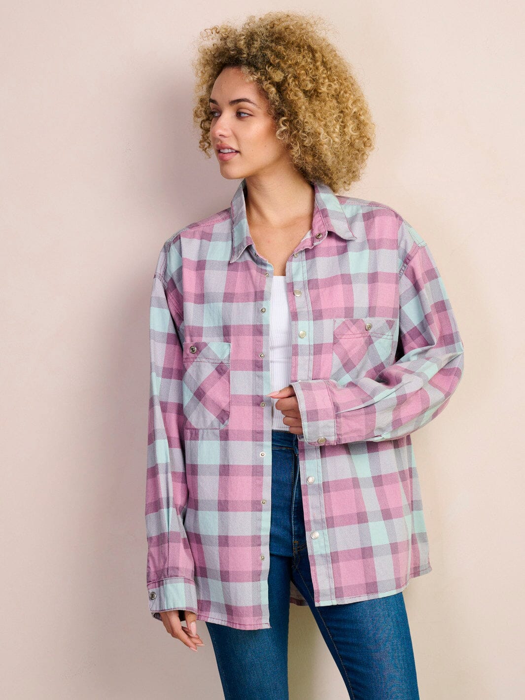 WOMEN'S LONG SLEEVE BUTTON UP OVERSIZED CHECKERS BLOUSE TOP