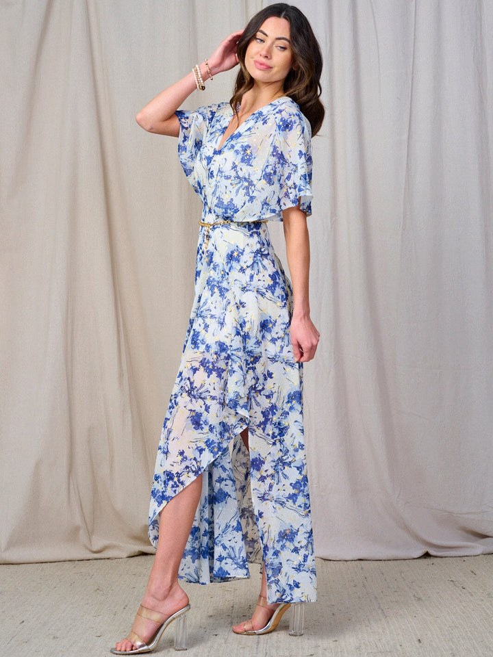 WOMEN'S SHORT SLEEVE V-NECK BELTED FLORAL MAXI DRESS