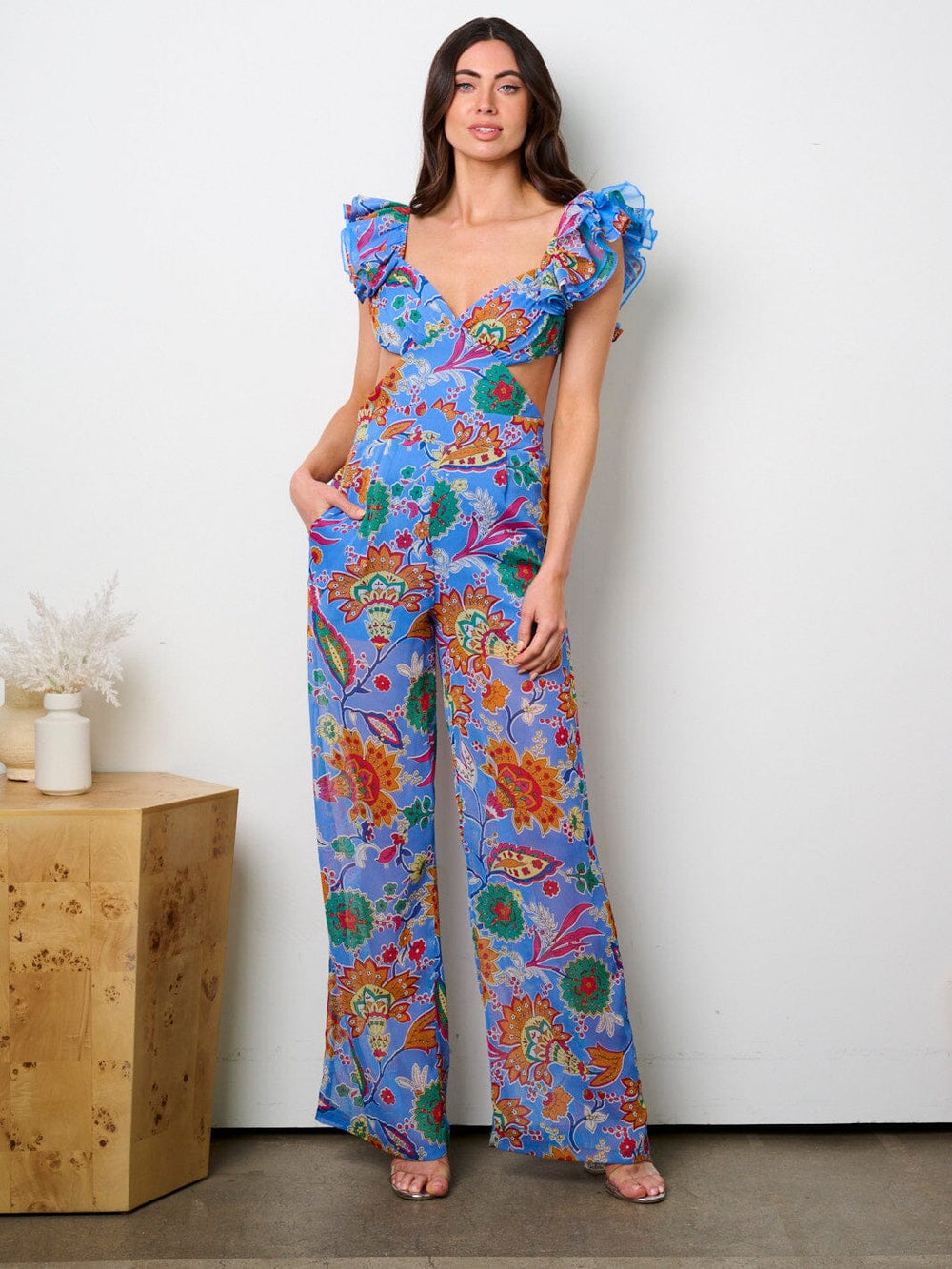 WOMEN'S RUFFLE SLEEVE CUT OUT OPEN BACK MULTI PRINT JUMPSUIT