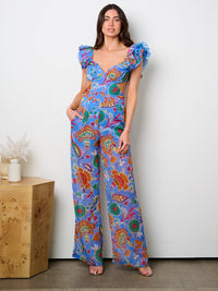 WOMEN'S RUFFLE SLEEVE CUT OUT OPEN BACK MULTI PRINT JUMPSUIT