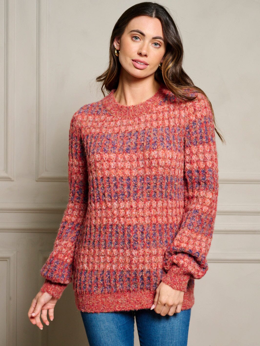 WOMEN'S LONG SLEEVE WAFFLE COLORBLOCK PULLOVER SWEATER