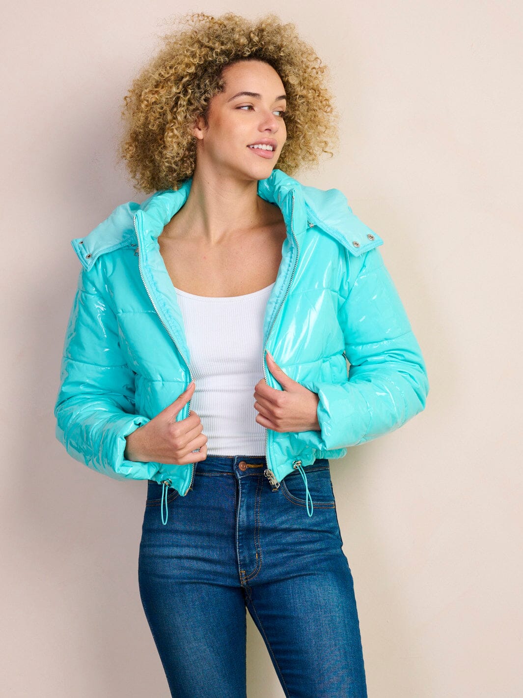 WOMEN'S LONG SLEEVE ZIP UP POCKETS PU PLETAHER HOODED JACKET