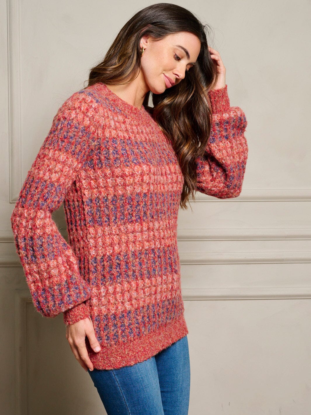 WOMEN'S LONG SLEEVE WAFFLE COLORBLOCK PULLOVER SWEATER