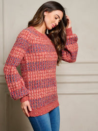 WOMEN'S LONG SLEEVE WAFFLE COLORBLOCK PULLOVER SWEATER