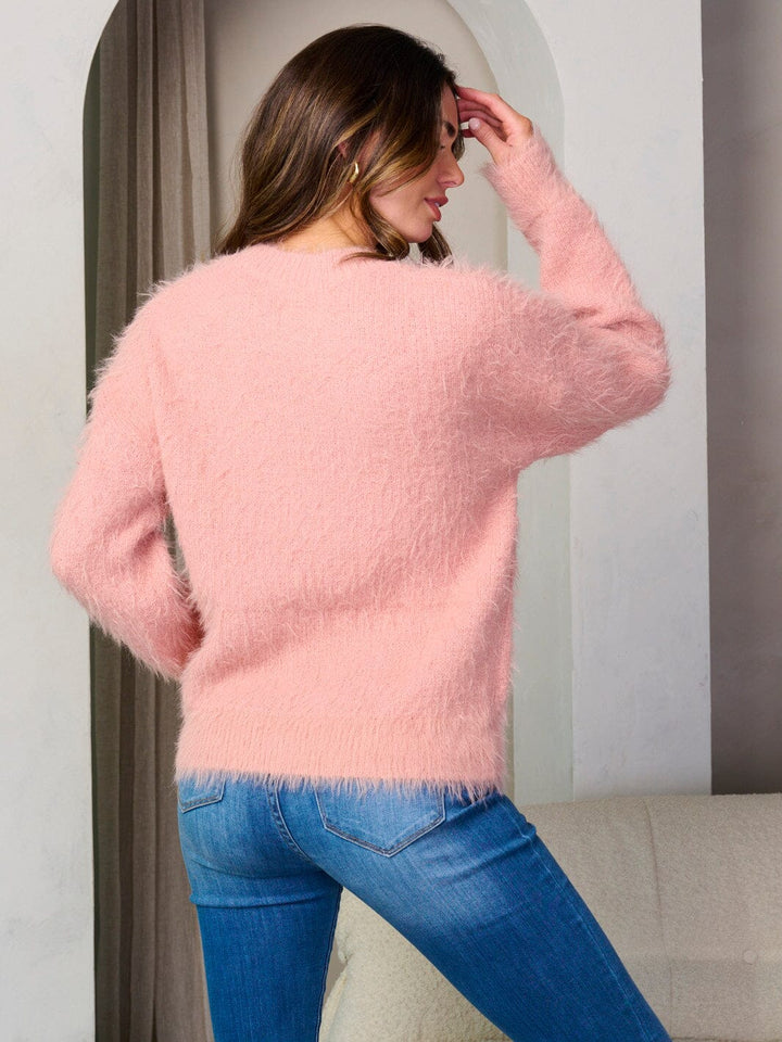 WOMEN'S LONG SLEEVE FUZZY DETAILED PULLOVER SWEATER