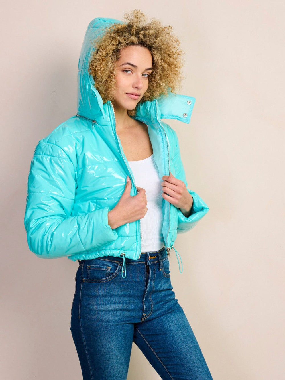 WOMEN'S LONG SLEEVE ZIP UP POCKETS PU PLETAHER HOODED JACKET