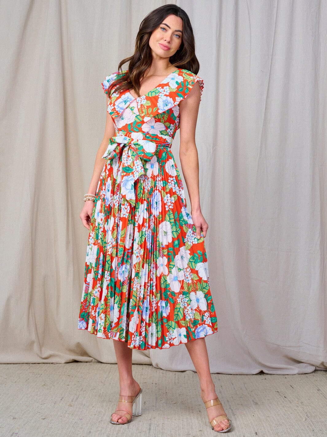 WOMEN'S SLEEVELESS V-NECK RUFFLE SELF TIE FLORAL MIDI DRESS