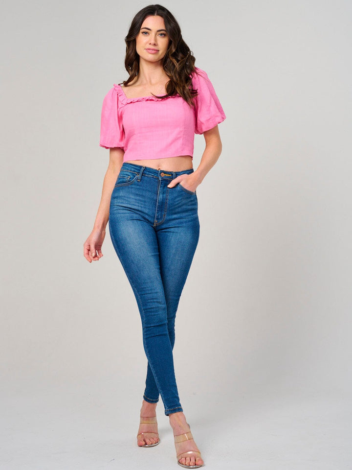 WOMEN'S SHORT PUFF SLEEVE SQUARE NECK SMOCK TOP