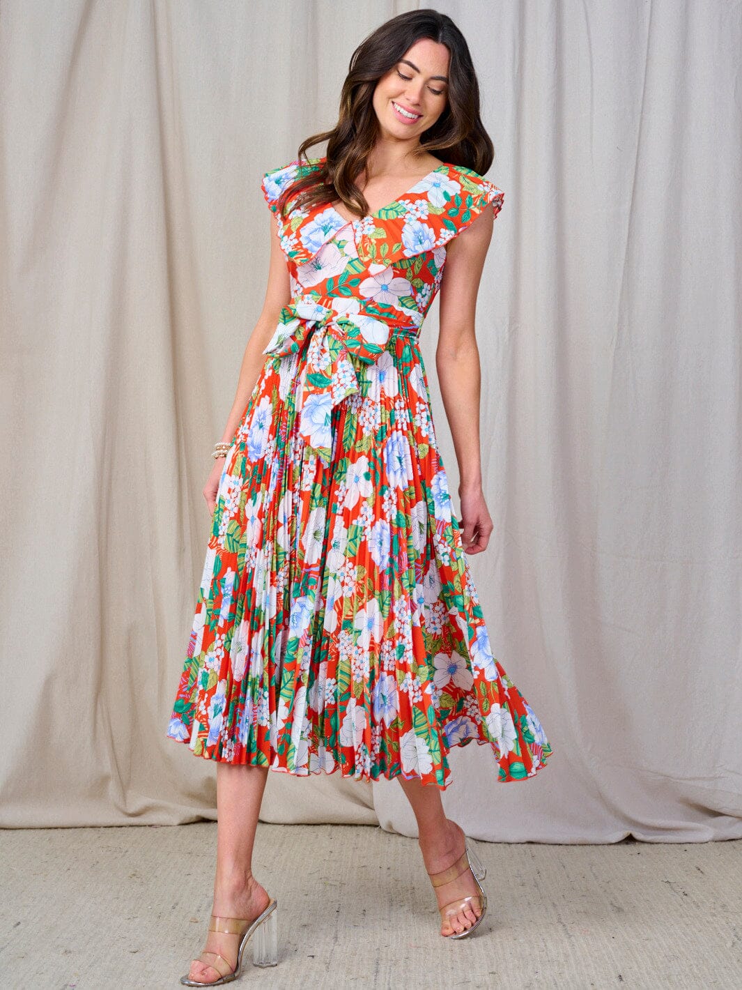 WOMEN'S SLEEVELESS V-NECK RUFFLE SELF TIE FLORAL MIDI DRESS