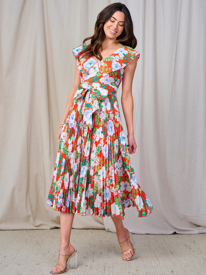 WOMEN'S SLEEVELESS V-NECK RUFFLE SELF TIE FLORAL MIDI DRESS