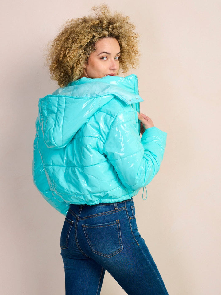 WOMEN'S LONG SLEEVE ZIP UP POCKETS PU PLETAHER HOODED JACKET