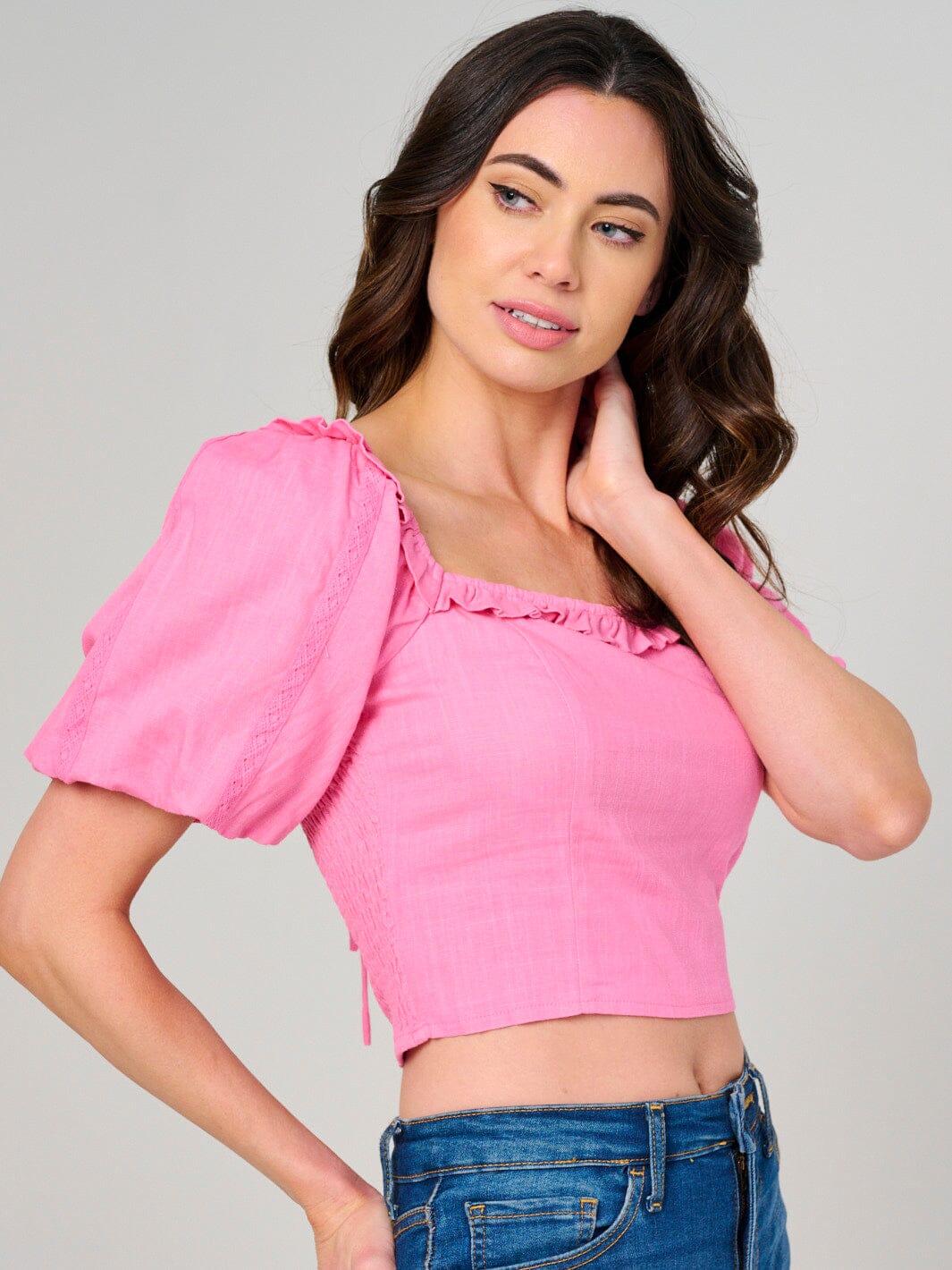 WOMEN'S SHORT PUFF SLEEVE SQUARE NECK SMOCK TOP