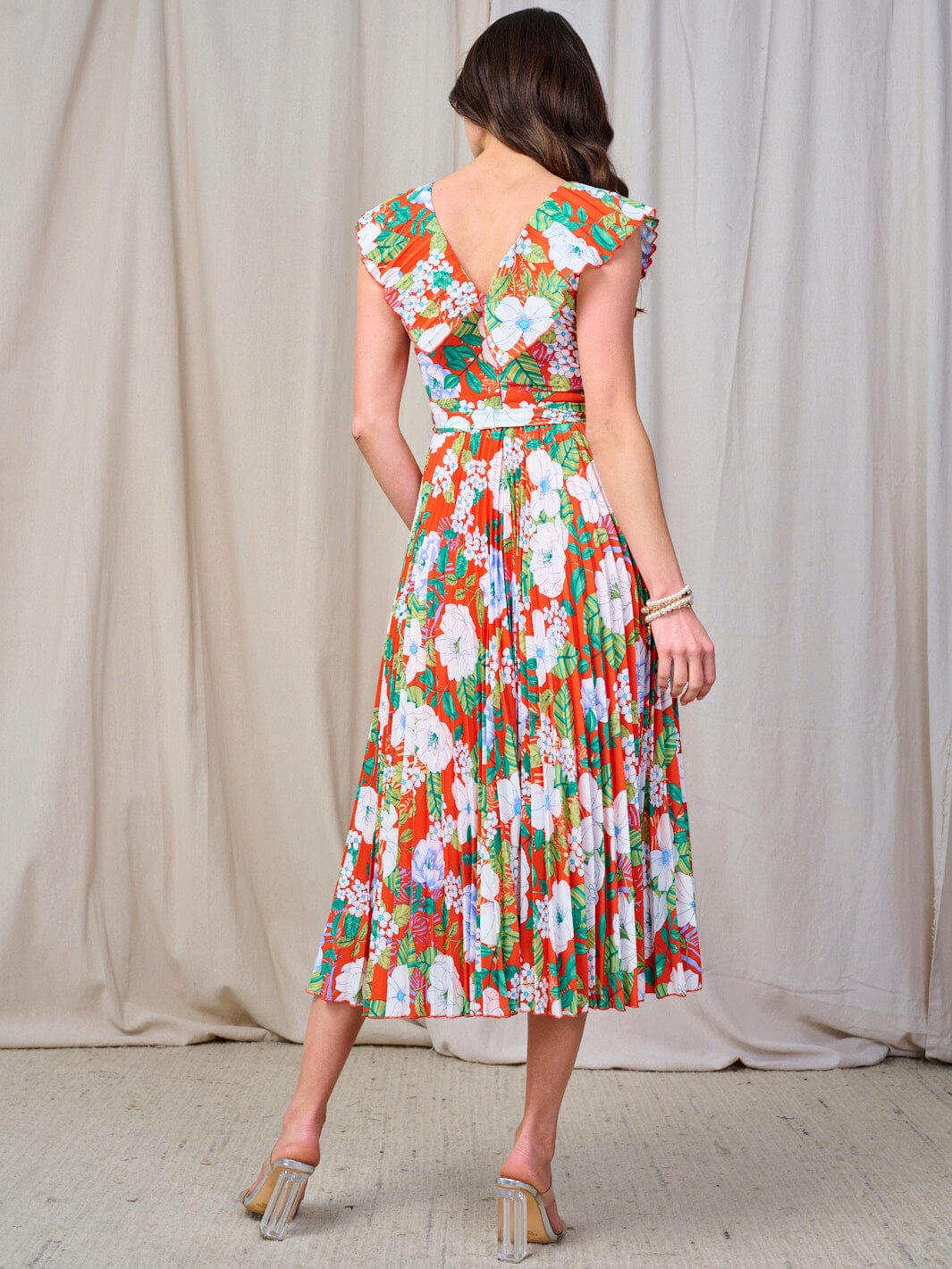 WOMEN'S SLEEVELESS V-NECK RUFFLE SELF TIE FLORAL MIDI DRESS