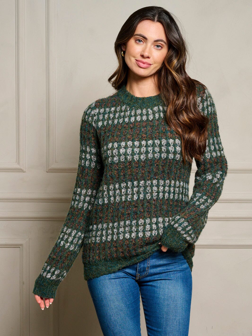 WOMEN'S LONG SLEEVE WAFFLE COLORBLOCK PULLOVER SWEATER