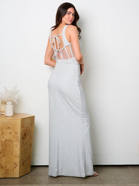 WOMEN'S SLEEVELESS OPEN BACK SLIT SHIMMER MESH MAXI DRESS