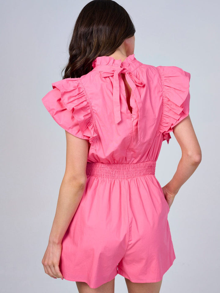 WOMEN'S RUFFLE SLEEVE MOCK NECK SMOCK WAIST ROMPER