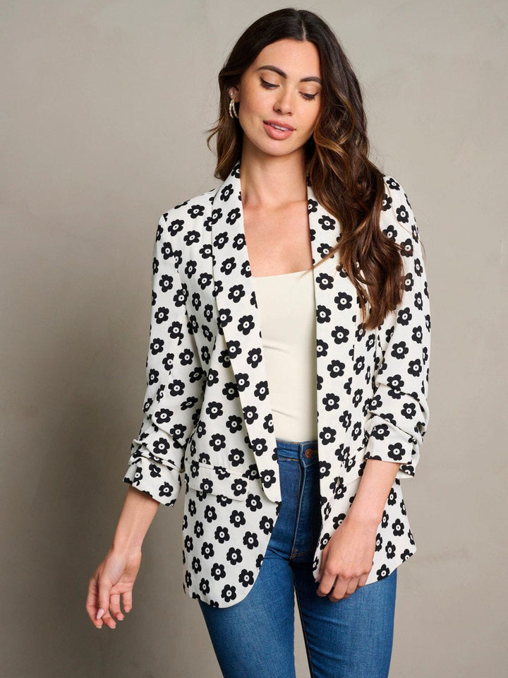 WOMEN'S 3/4 RUCHED SLEEVES OPEN FRONT FLORAL PRINT BLAZER