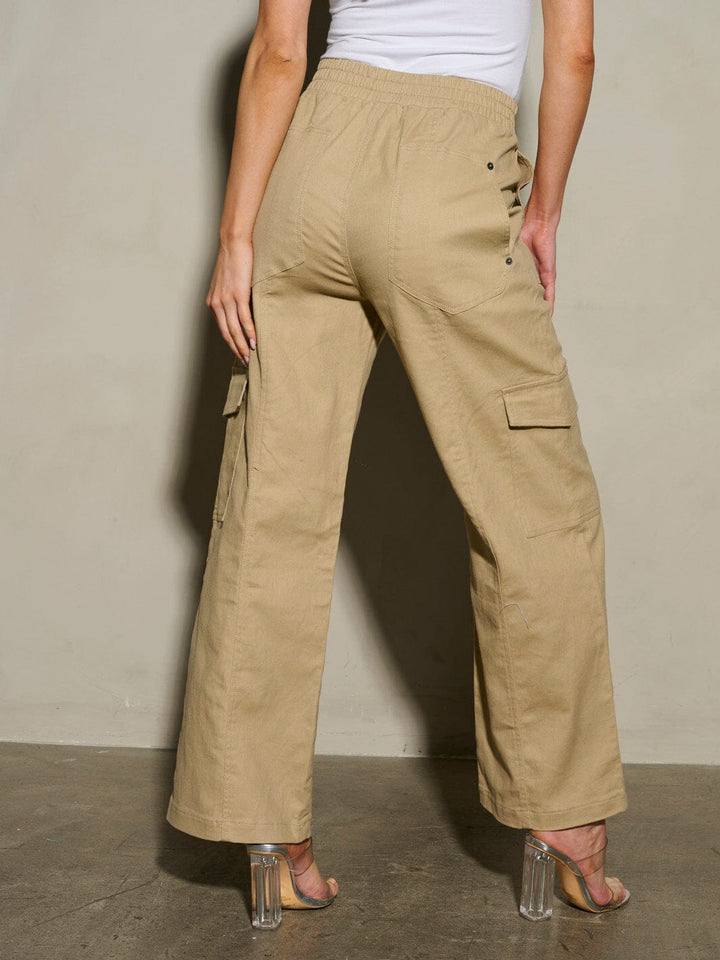 WOMEN'S ELASTIC WAIST CARGO POCKETS WIDE LEG PANTS
